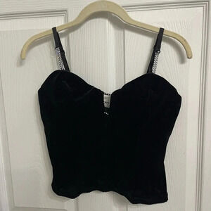 Fredericks Of Hollywood Black Corset Top Velour Size 36 Rhinestone Strap Small